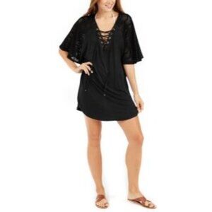 DOTTI Women's Black Lace-up Eyelet Tunic Deep V Neck Swimsuit Cover Up Small NWT